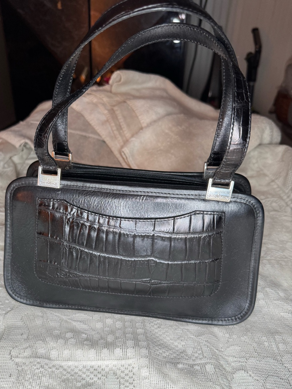 Brighton - Croc Embossed, Black Leather, Shoulder Bag Purse, Vintage